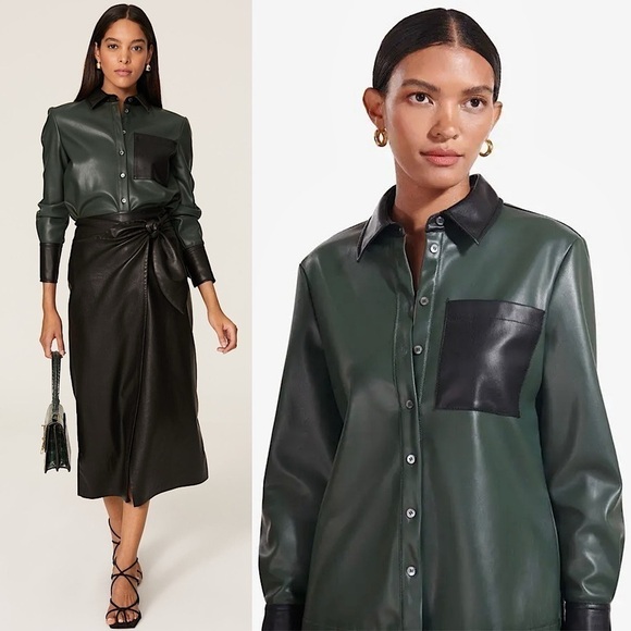 STAUD Colorblock Vegan Leather Long Sleeve Button Front Collared Shirt Jacket XL - Picture 1 of 15